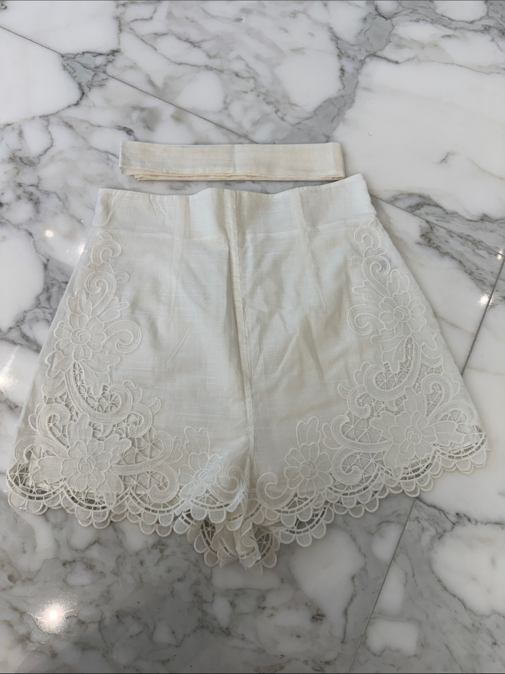 Zimmermann Cream Lace-Edged High-Waist Shorts